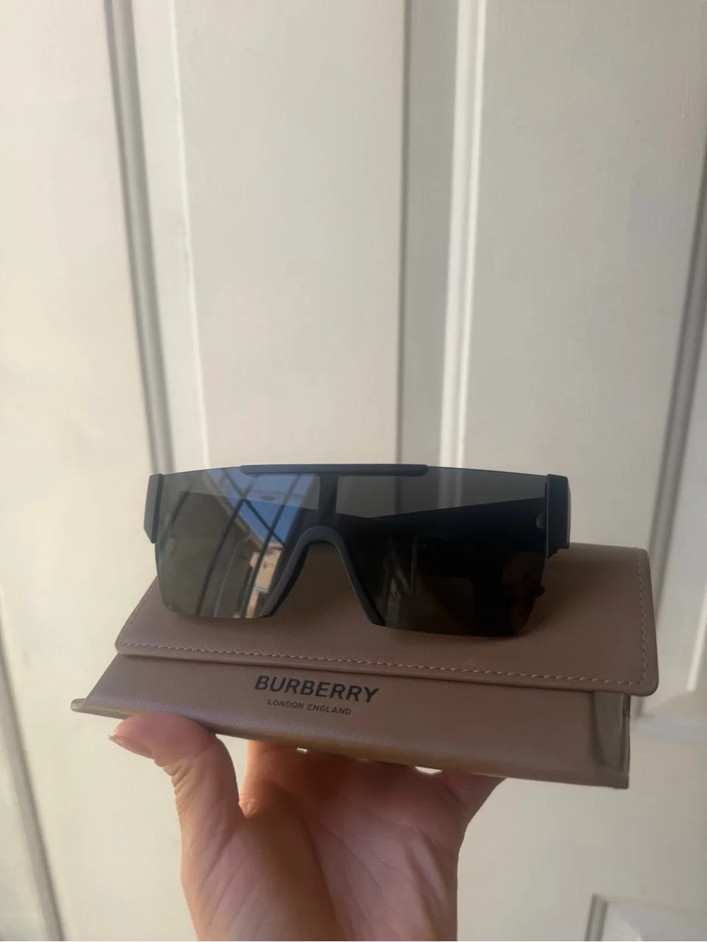 Burberry Men’s Black Shield Sunglasses with Brown Case